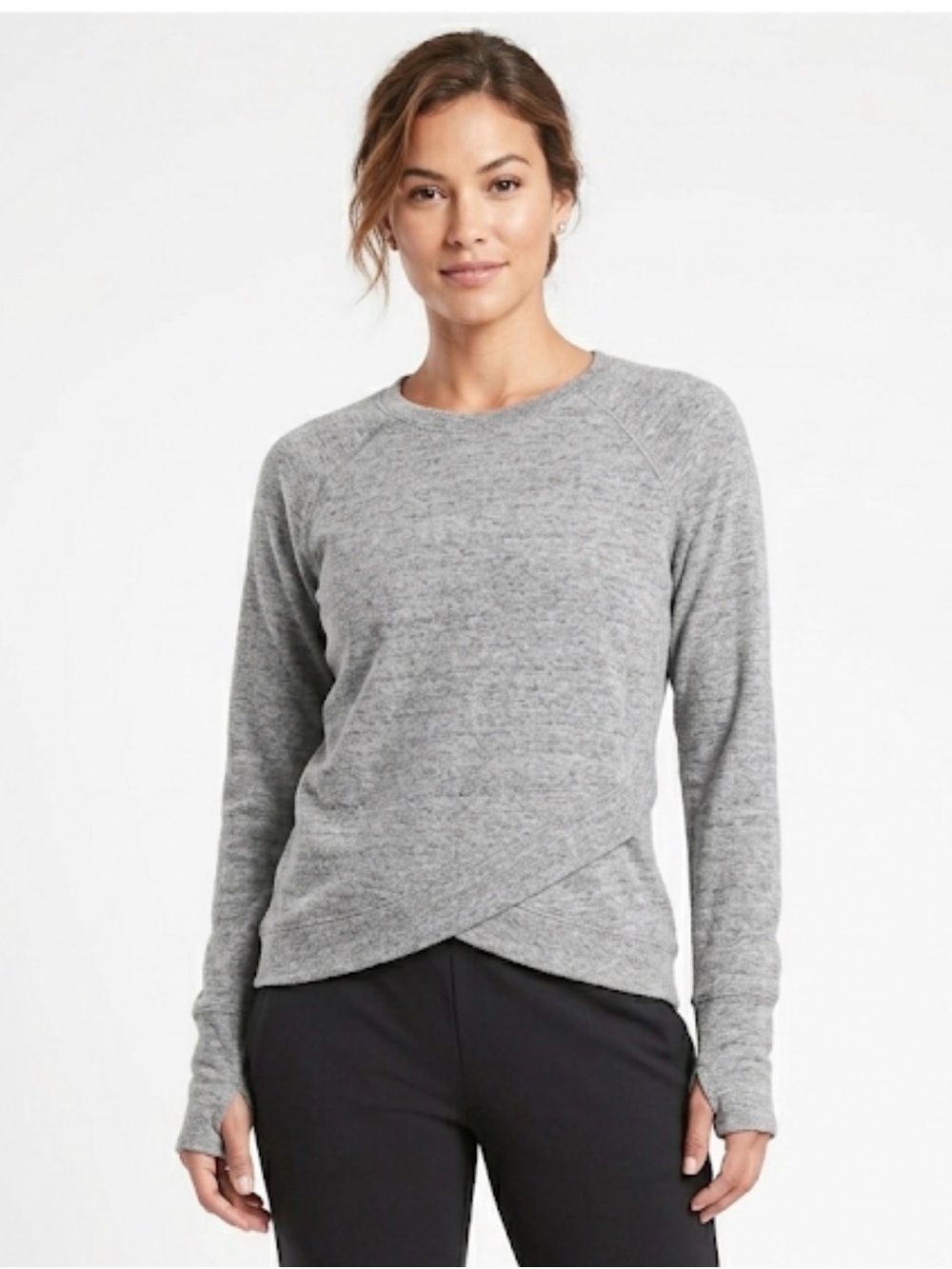 Athleta Criss Cross Sweatshirt in Charcoal Heather, distinctive tulip-edged hem